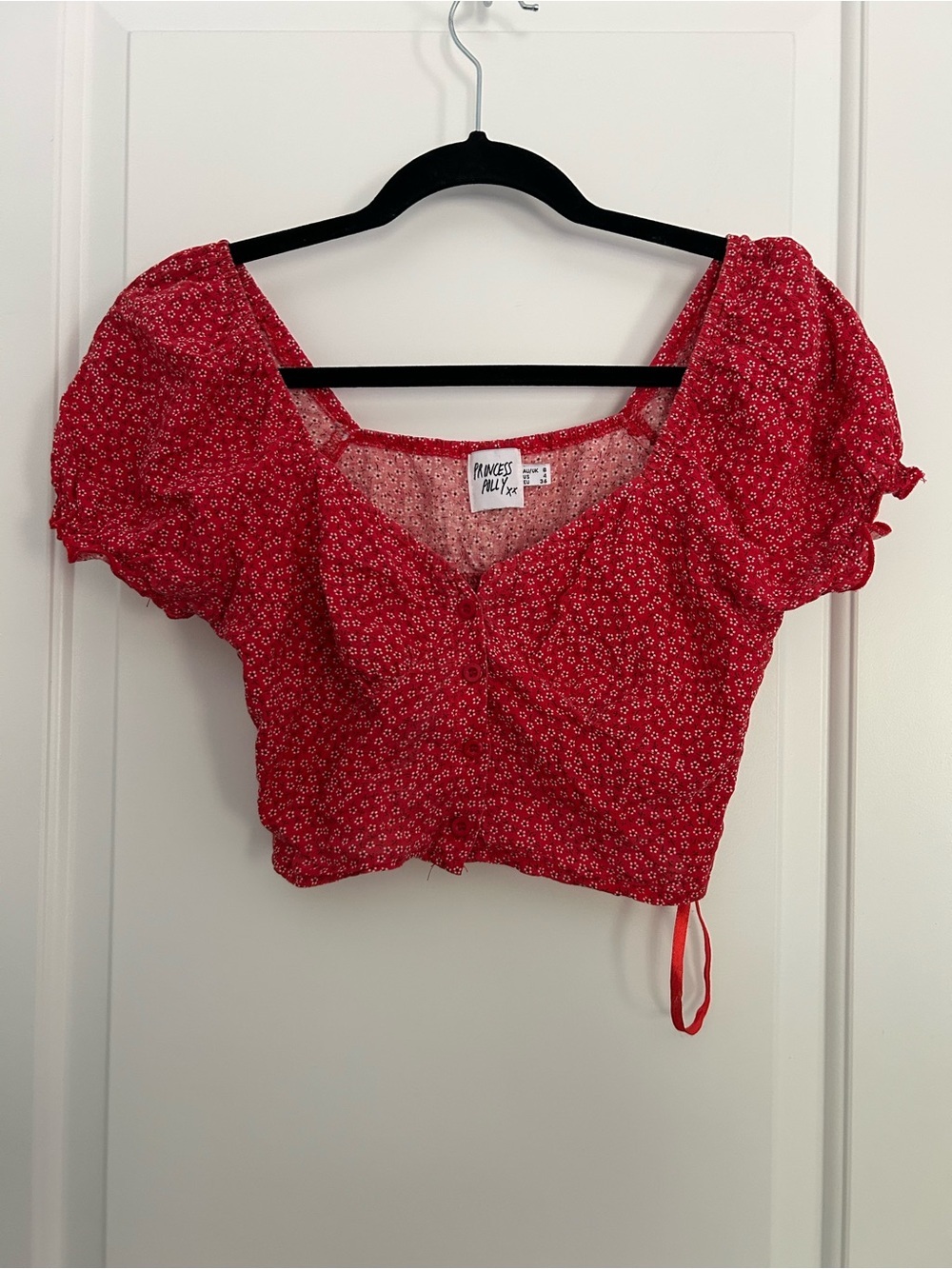 Princess Polly Red Floral Puff Sleeve Button Crop Top